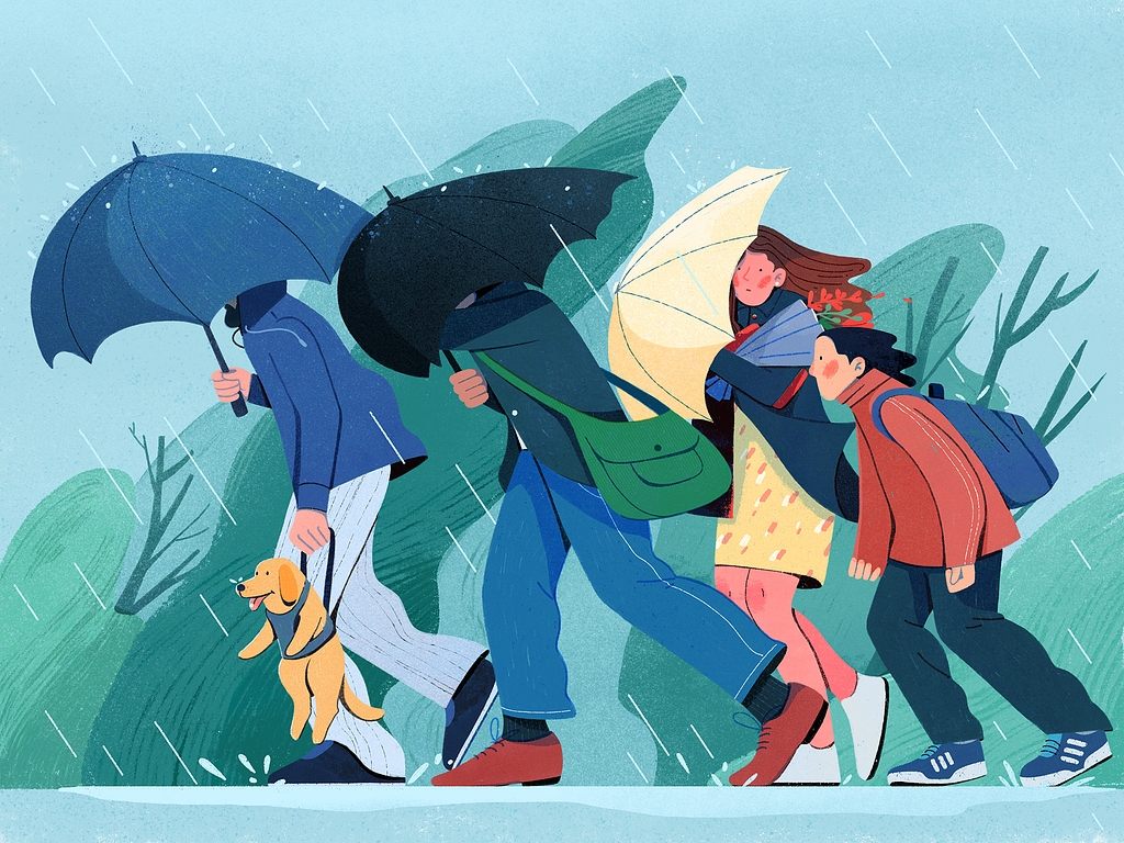 Group of people walking through the rain and leaning against the wind with their umbrella's open.