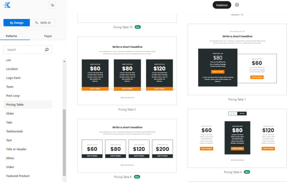 Kadence Pricing Table pattern library